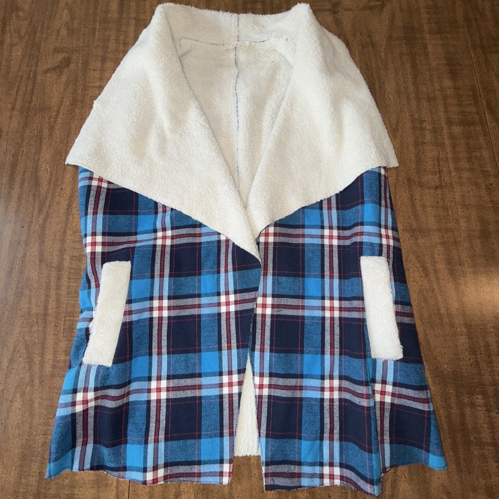 ETWO Sherpa Lined Flannel Vest Womens Large Multicolor‎ Plaid Waterfall Pockets